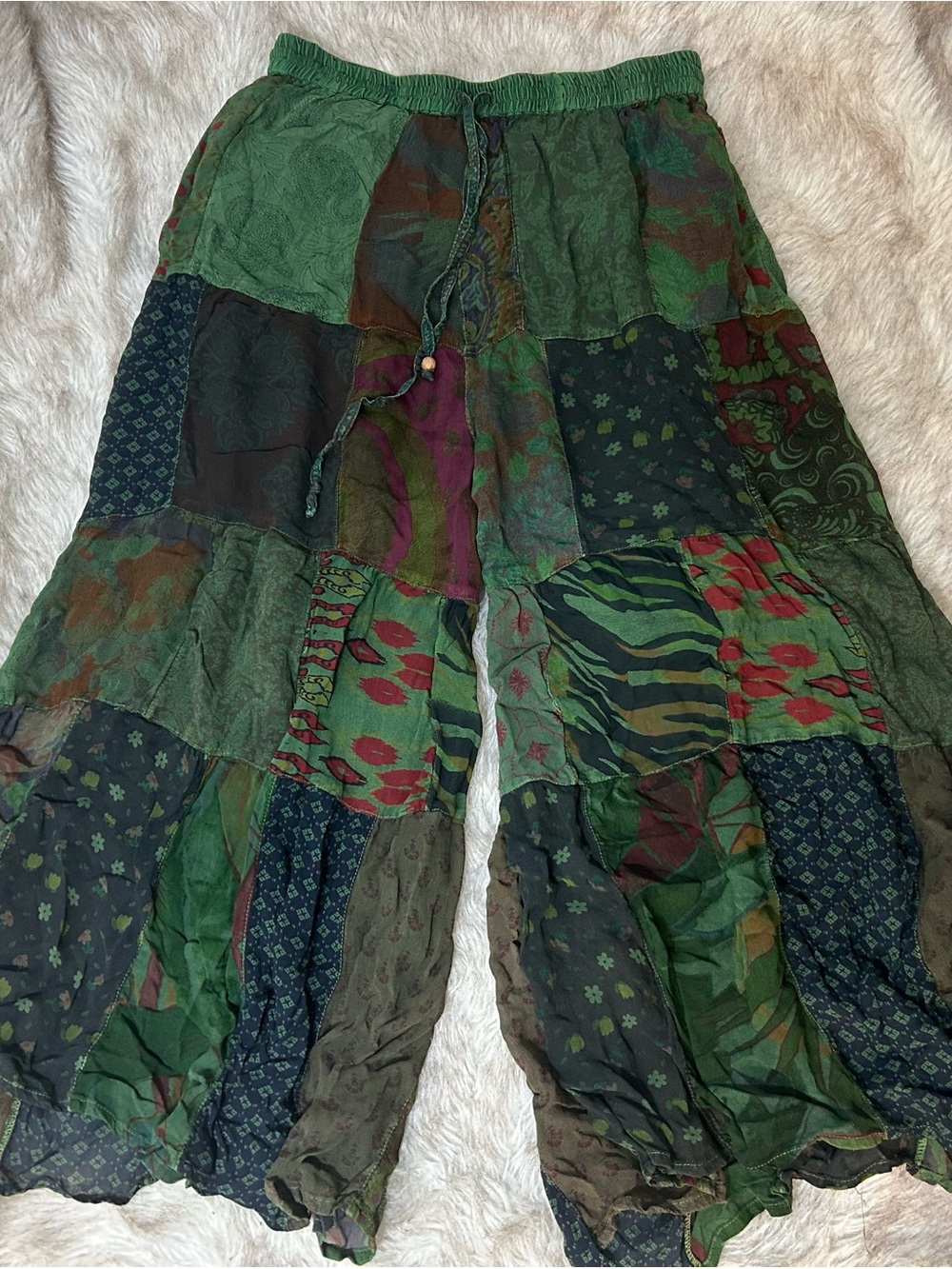 Patchwork Wide Leg Pants in Mixed Green - Boho Comfortable Fit